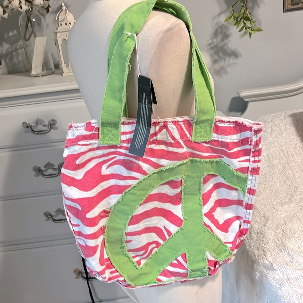 Pink Zebra Stripe Shoulder Bag Hippy Tote New Canvas Lime Peace Sign
